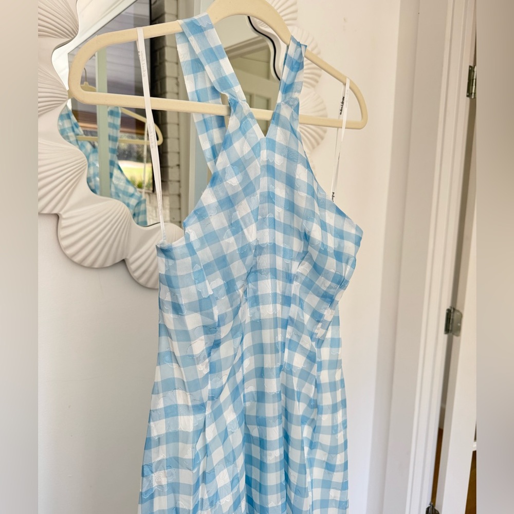 NWT For Love and Lemons Claudette Gingham Midi Dress in Light Blue + White - Picture 4 of 15